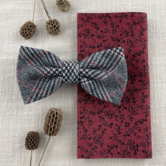 Men’s Glencheck Wool Bow Tie & Red Floral Pocket Square Set - Picture 1 of 5